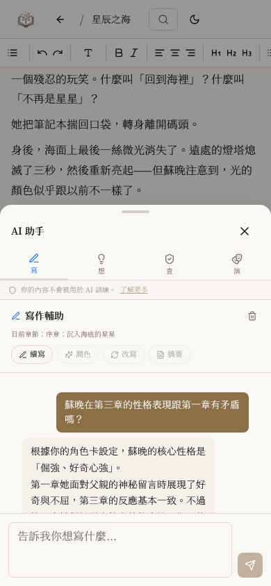 LitMemo AI 小說寫作助手 — 一致性檢查與智能校稿手機版畫面