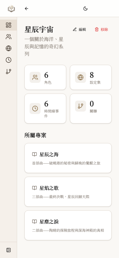LitMemo 系列小說管理工具 — 跨冊角色與設定共享手機版畫面