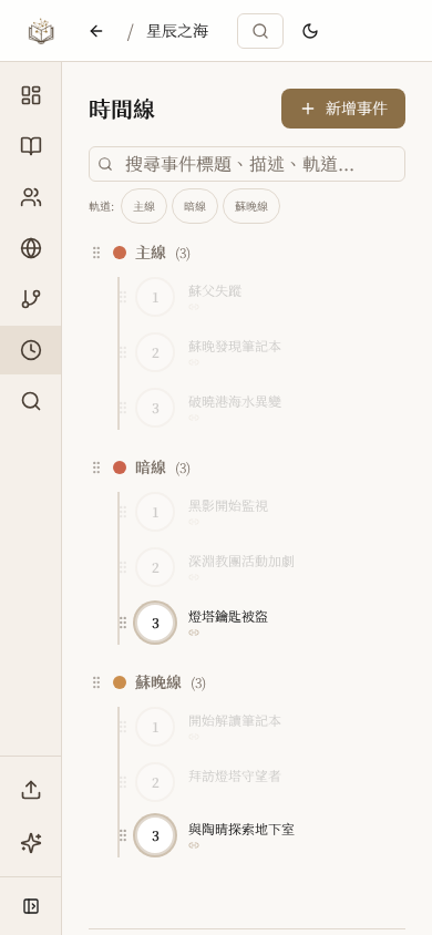 LitMemo 小說時間線工具 — 多軌道視覺化故事線管理手機版畫面